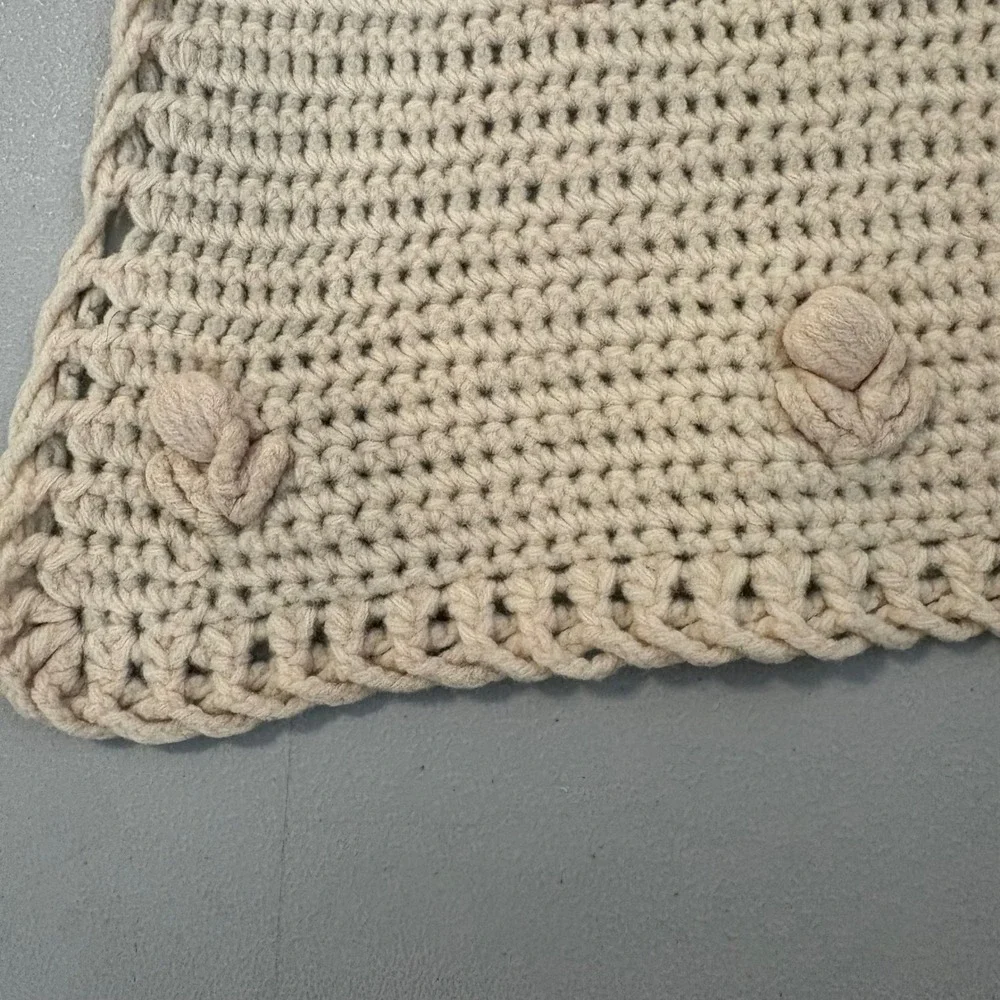 Vintage Handmade Crochet Baby Blanket Cream Floral Popcorn Stitch Nursery 31x20